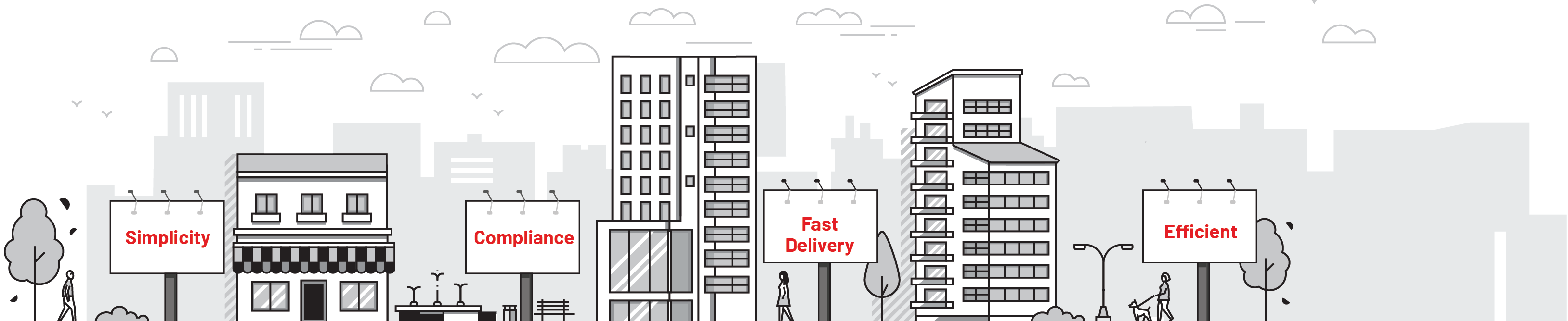 City with Simplicity, Compliance, Fast delivery and efficient road sign.